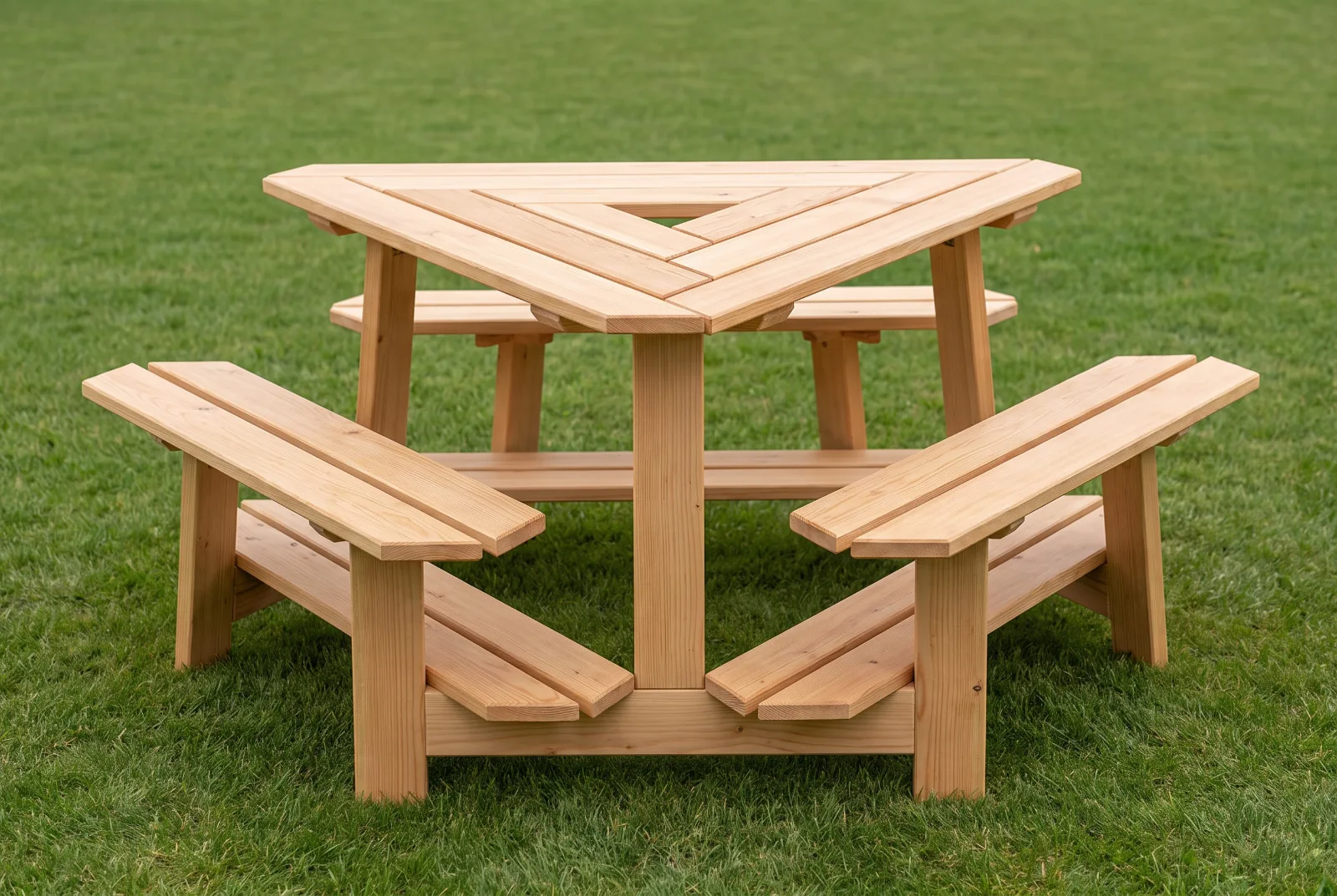 Dreieck-Picknicktisch Nuolen aus naturbelassener Fichte mit drei fest verbundenen Sitzbänken auf Rasen (Visualisierung)