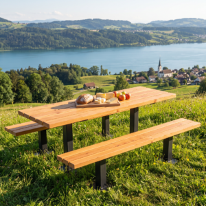 Sitzgruppe Bachtel aus Lärche auf schwarzen Stahlstützen auf einer Wiese über dem Obersee, mit Brot, Käse und Äpfeln (Visualisierung)