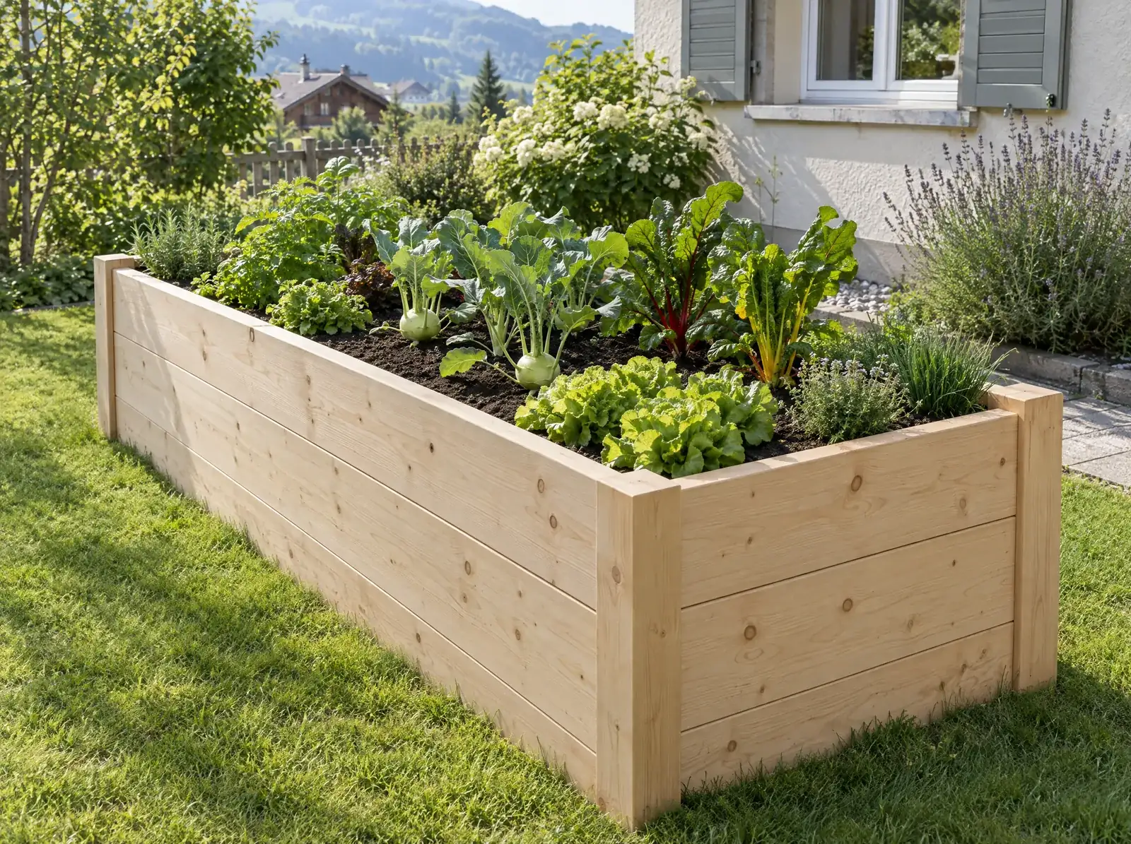 Hochbeet aus Fichtenholz mit Gemüse im Garten
