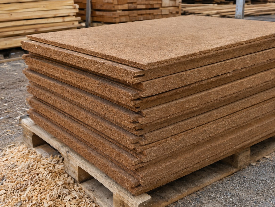 Stapel brauner Holzfaserdämmplatten mit Nut und Feder auf einer Palette (Visualisierung)