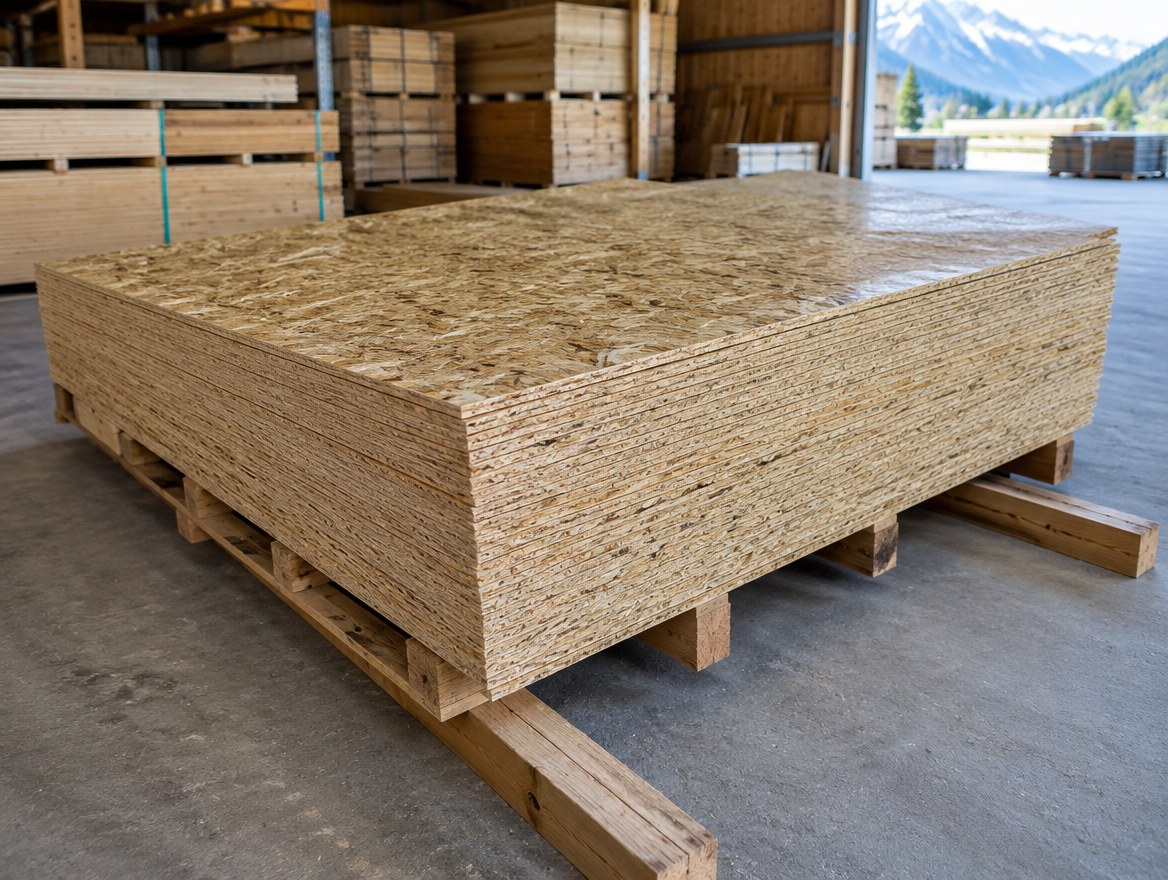 OSB/3-Platten 2500 x 1250 mm gestapelt auf Palette im Holzlager (Visualisierung)