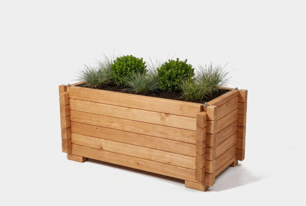 Pflanzkübel Jona aus Lärche, 120 × 60 × 60 cm, Blockbau-Ecken mit Vorköpfen, bepflanzt (Visualisierung)