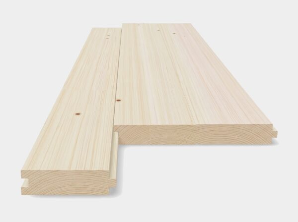 Bodenriemen 50 × 165 mm aus Fichte, gehobelt, mit Nut und Kamm, drei Riemen zusammengesteckt und ein loser Riemen, Profil im Stirnholz sichtbar (Visualisierung)