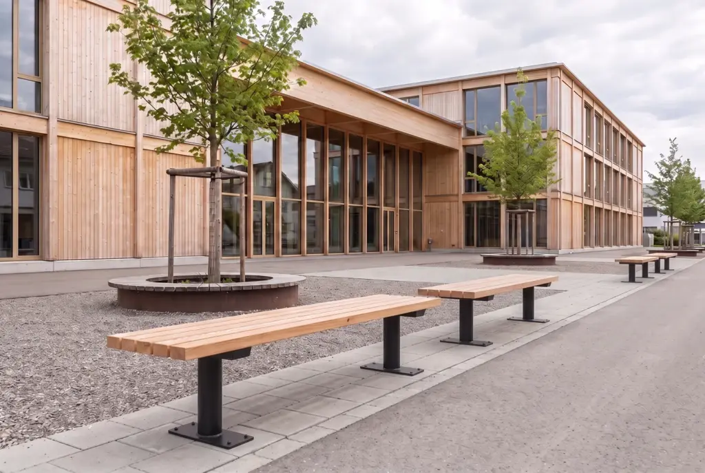 Sitzbänke Ufenau ohne Lehne, Stütze aus Rundrohr, auf einem Schulhof vor einem Holzbau (Visualisierung)