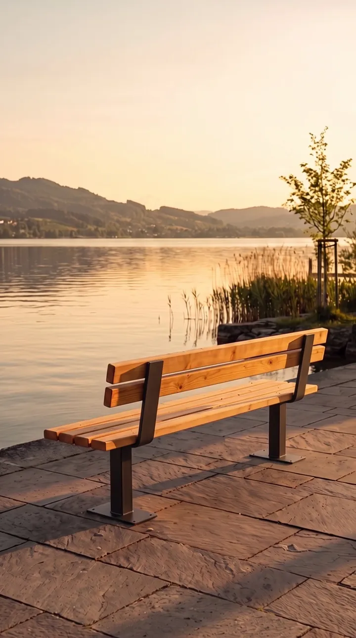 Video: Sitzbank Ufenau mit Lehne, Stütze aus Vierkantrohr, im Abendlicht am See (Visualisierung)