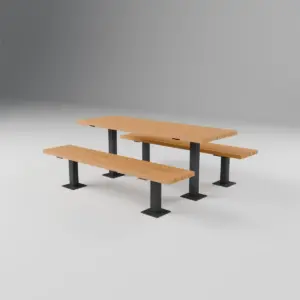 Sitzgruppe Bachtel aus Lärche mit anthrazitfarbenen Vierkantrohr-Stützen auf Fussplatten, Tisch und zwei Bänke (Visualisierung)