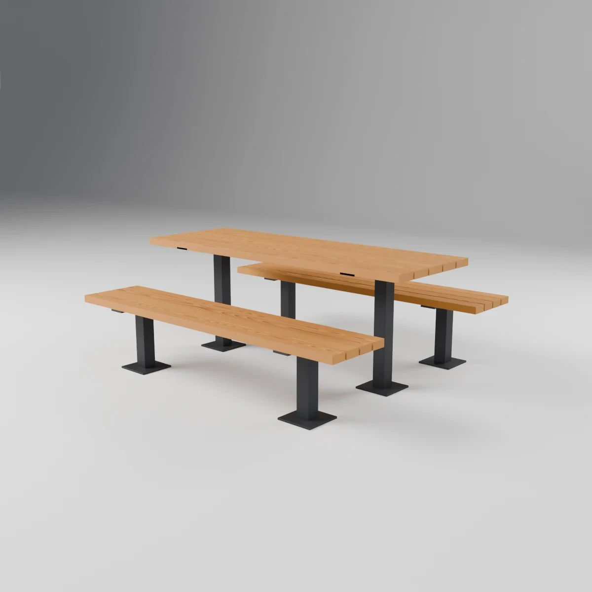 Sitzgruppe Bachtel aus Lärche mit anthrazitfarbenen Vierkantrohr-Stützen, Tisch und zwei Bänke (Visualisierung)