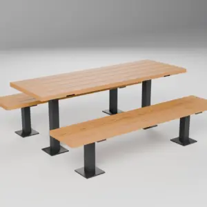 Sitzgruppe Bachtel aus Lärche mit anthrazitfarbenen Vierkantrohr-Stützen auf Fussplatten, Tisch und zwei Bänke (Visualisierung)
